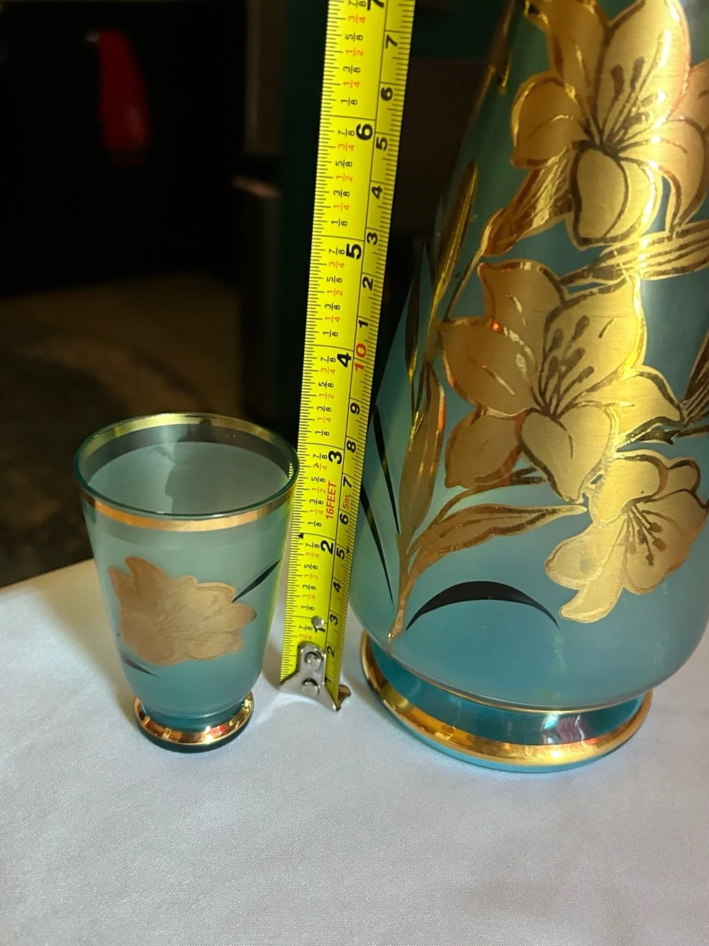 Decorative Aqua Glass Decanter Set with Gold Floral Accent - Unbranded